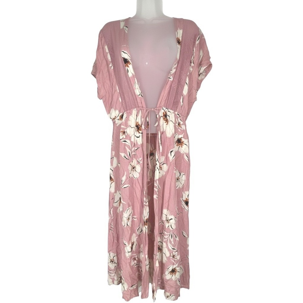 Liberty Love Pink Floral Lace Inset Maxi Dress Open Front‎ Tie Waist Small Boho